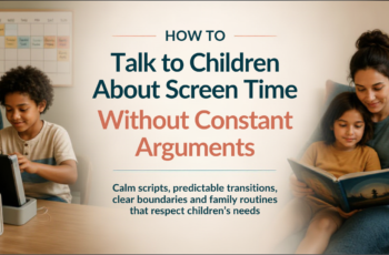 Diverse caregiver and child calmly transitioning from tablet time to a shared offline home activity with a timer and charger nearby.