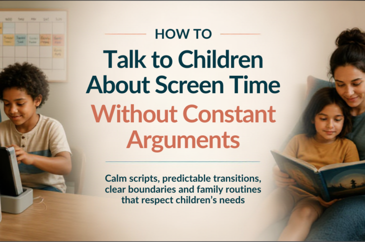 Diverse caregiver and child calmly transitioning from tablet time to a shared offline home activity with a timer and charger nearby.