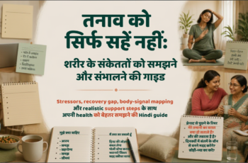 भारतीय महिला shared workspace में notebook पर body signals और daily demands map करते हुए पानी और meal break ले रही है।