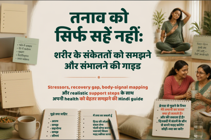 भारतीय महिला shared workspace में notebook पर body signals और daily demands map करते हुए पानी और meal break ले रही है।