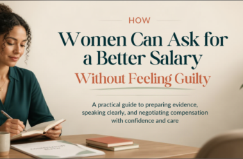 Diverse professional woman reviewing salary conversation notes beside a laptop in a neutral meeting setting