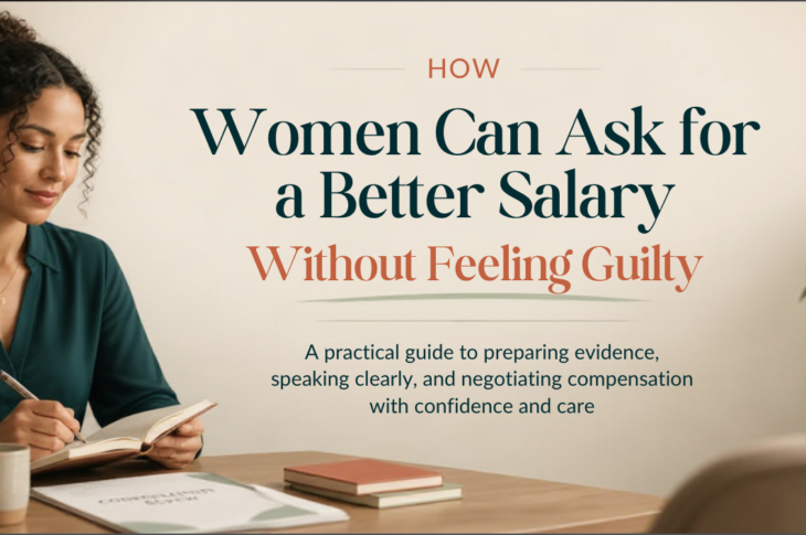 Diverse professional woman reviewing salary conversation notes beside a laptop in a neutral meeting setting