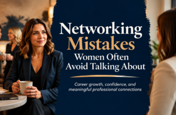 Woman having a thoughtful professional networking conversation with two peers in a bright modern workspace