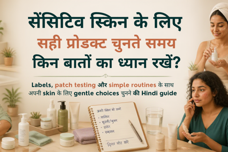 एक diverse Indian woman natural daylight में skincare product का ingredient label पढ़ते हुए, पास में gentle cleanser, moisturiser, sunscreen और notebook