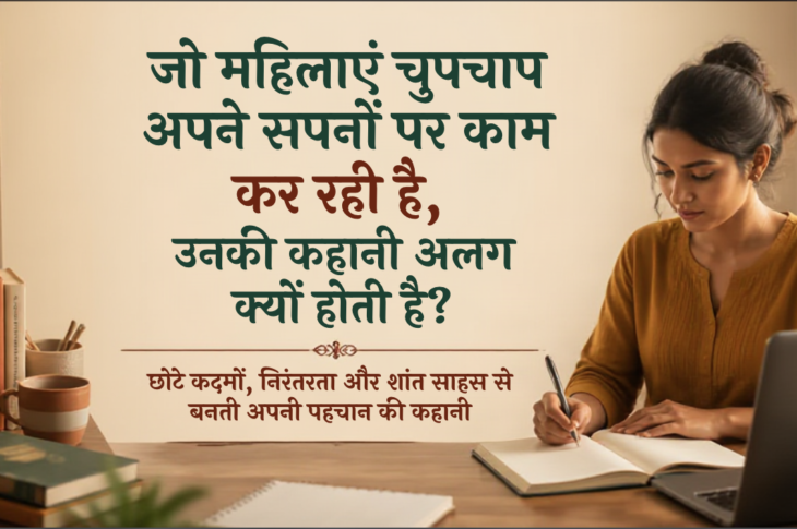नोटबुक और लैपटॉप के साथ अपने सपने पर ध्यान देती सामान्य भारतीय महिला