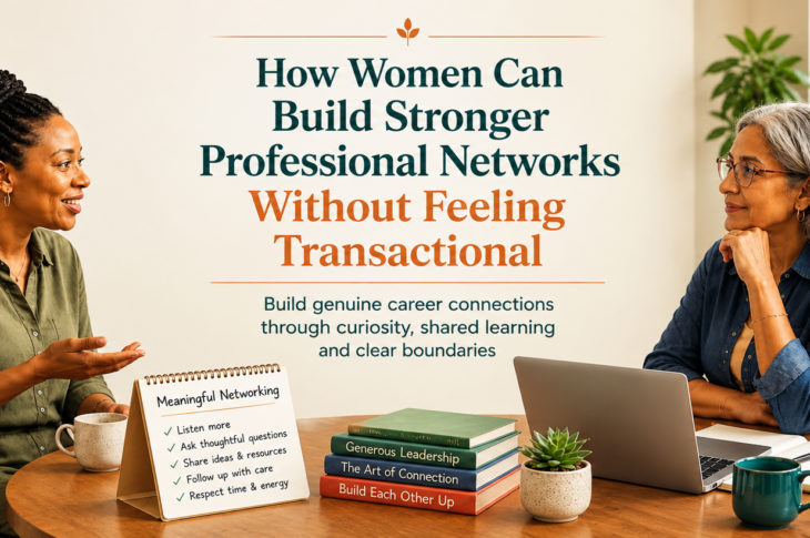Diverse women build genuine professional connections through a small coffee conversation, virtual call and peer learning setting with notebooks and laptops.