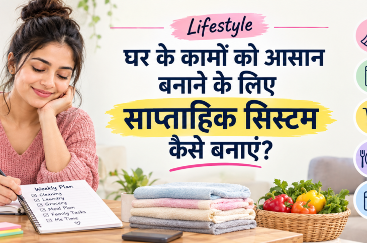 साप्ताहिक सिस्टम से घर के काम व्यवस्थित करने की योजना बनाती महिला