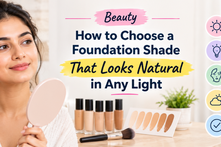Woman applying foundation while choosing a natural foundation shade in different lighting