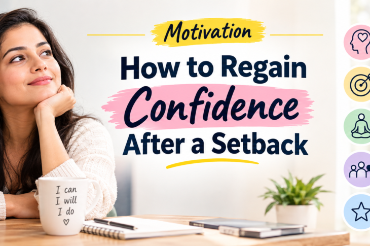 Woman rebuilding confidence after a setback with motivational goals and positive mindset reminders